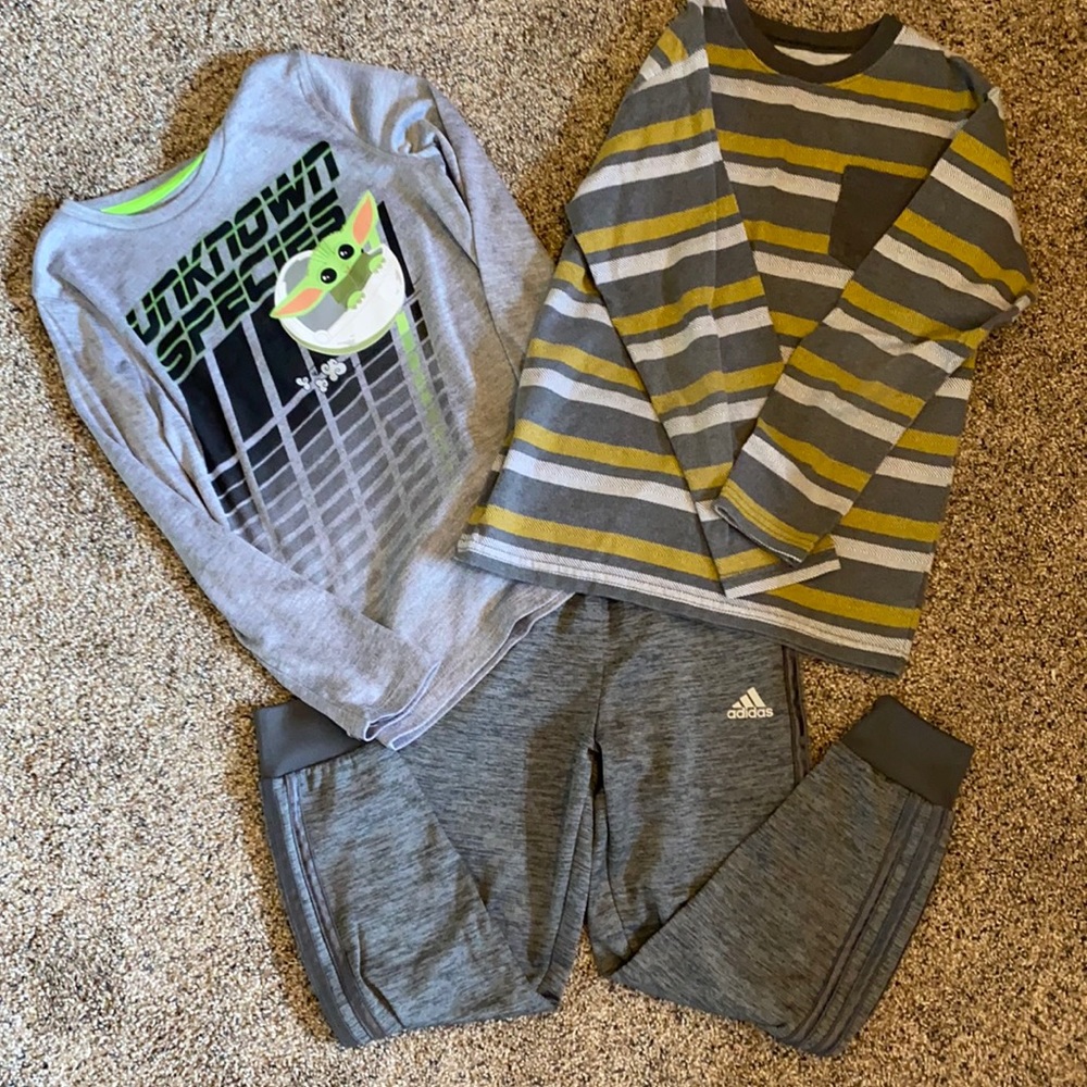 Adidas jogger pants and 2 shirts